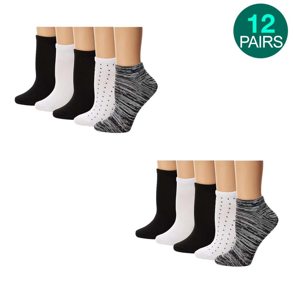 12-Pairs Hanes womens Comfortsoft Low Cut Socks, Gry/Blk/Wht