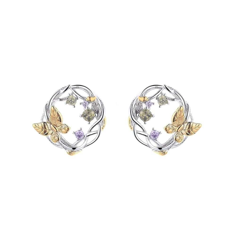 14K Gold Two-Tone Floral and Gemstone Earrings - Multi - 14mm D