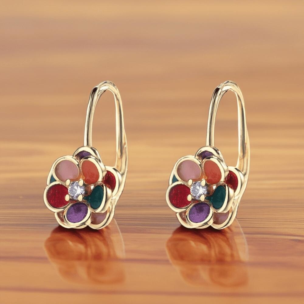 14K Gold and Floral Leverback Earrings with Crystals from Swarovski