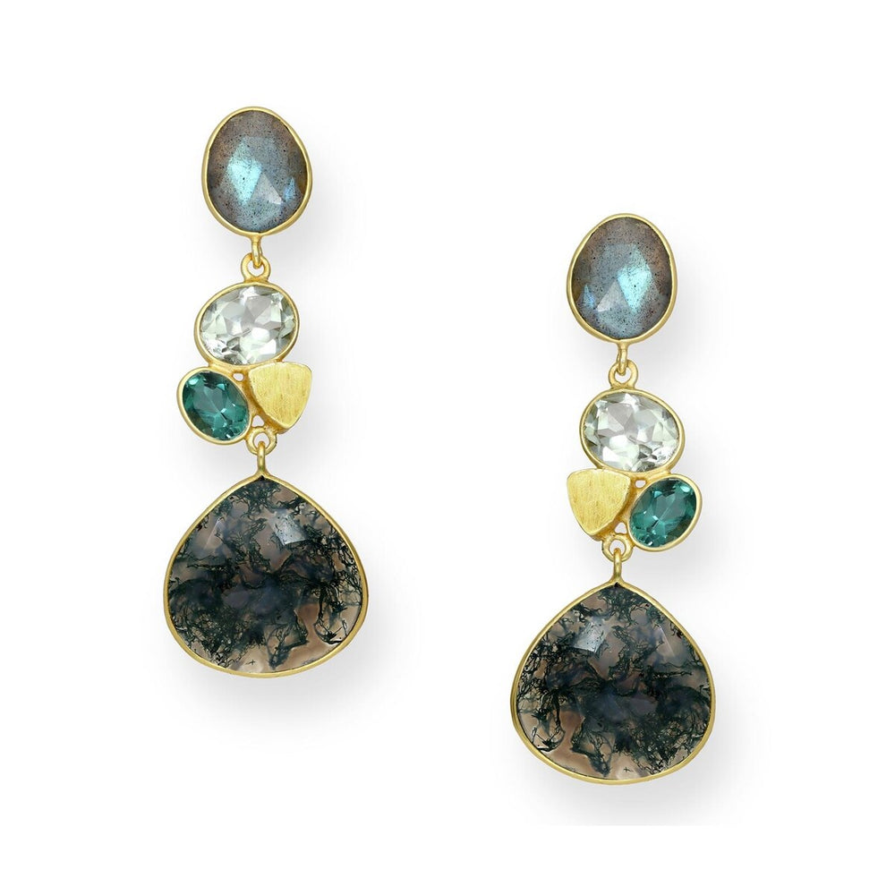 18K Goldtone Plated Sterling Silver Blue Jade & Gemstone Clustered Teardrop Drop Earrings- AG Sterling