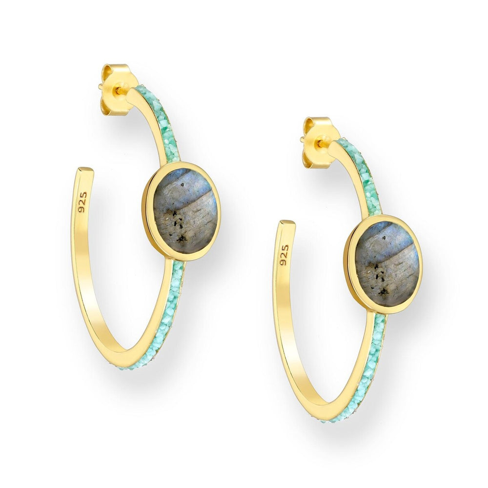 18K Goldtone Plated Sterling Silver Green Iolite & Oval Labradoite Oval Hoop Earrings- AG Sterling