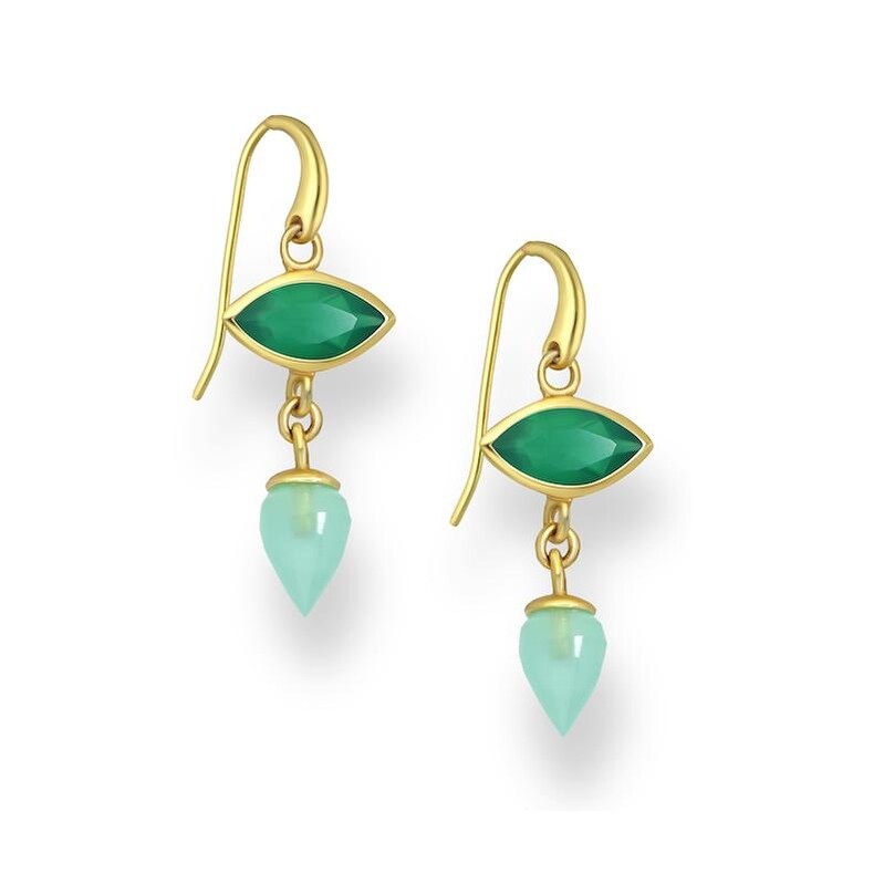 18K Goldtone Plated Sterling Silver Green Onyx Marquis & Aqua Chalcedony Drop Earrings- AG Sterling