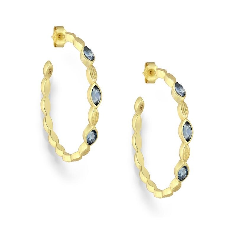 18K Goldtone Plated Sterling Silver Marquis Labradorite Hoop Earrings- AG Sterling