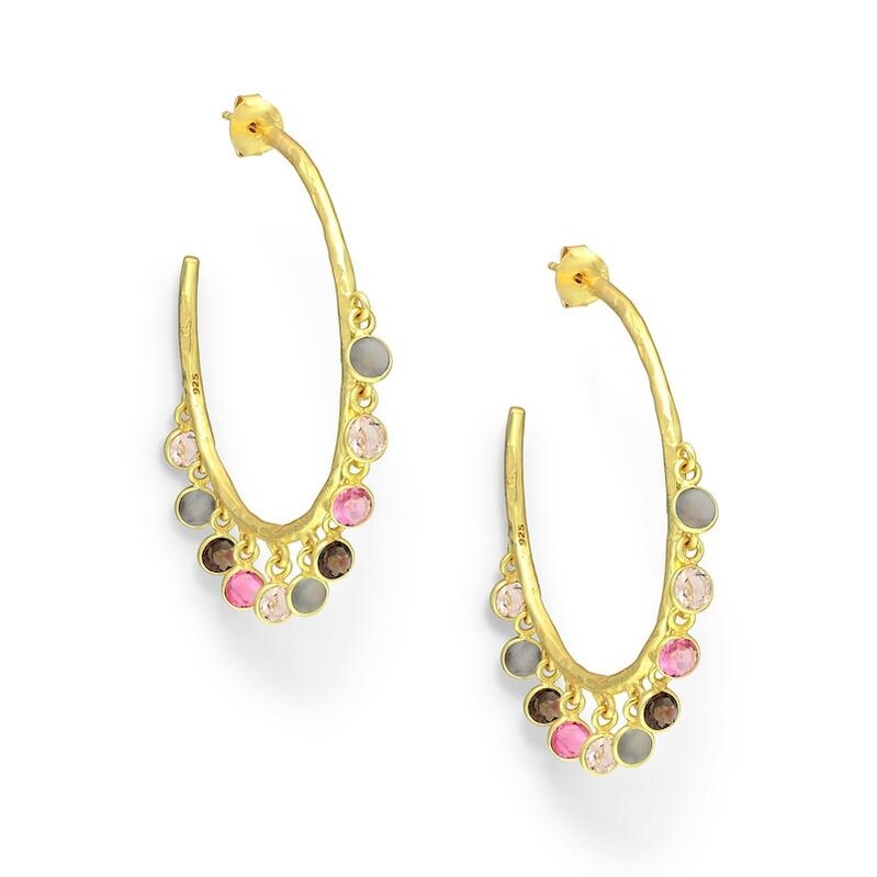 18K Goldtone Plated Sterling Silver Pink & Grey CZ Mix Clustered Hoop Earrings- AG Sterling