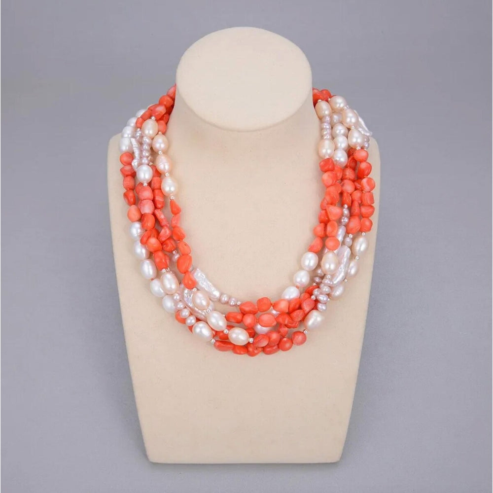 5 Strand White Biwa Pearl & Coral Stone Statement Necklace