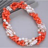 5 Strand White Biwa Pearl & Coral Stone Statement Necklace