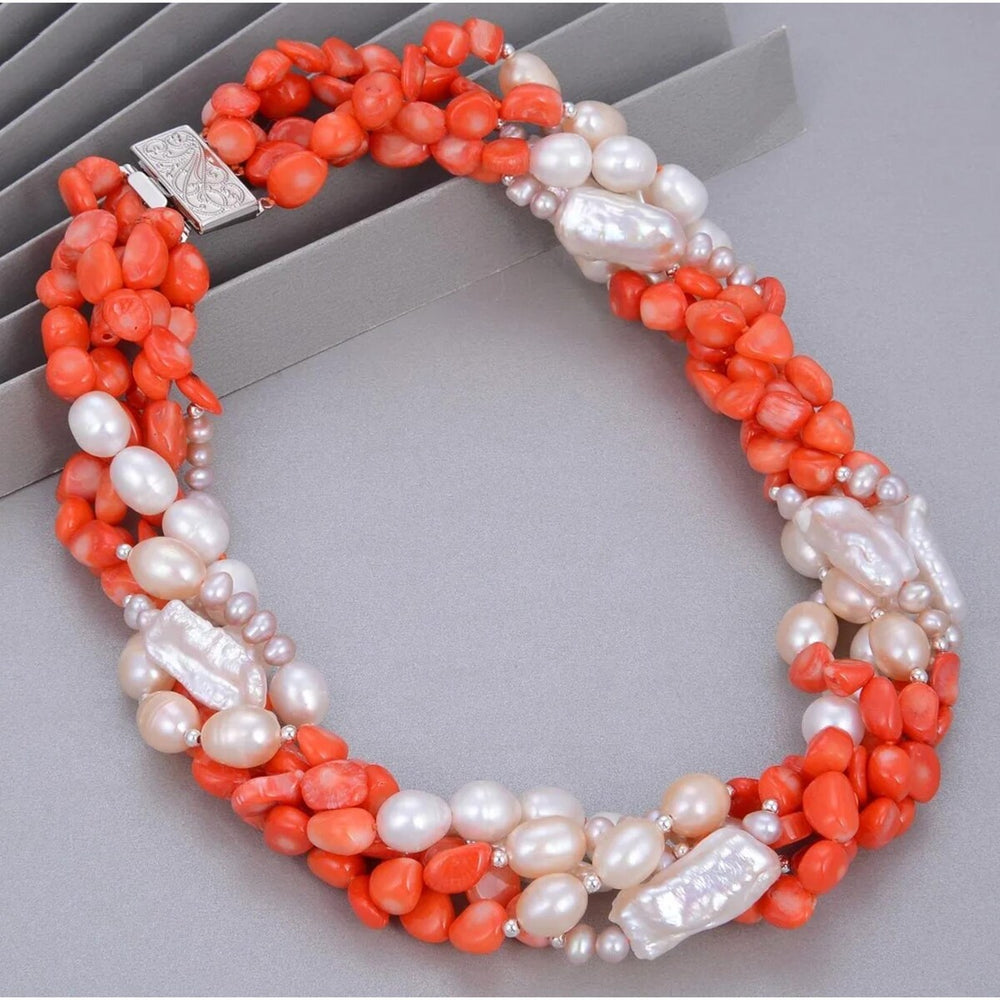 5 Strand White Biwa Pearl & Coral Stone Statement Necklace