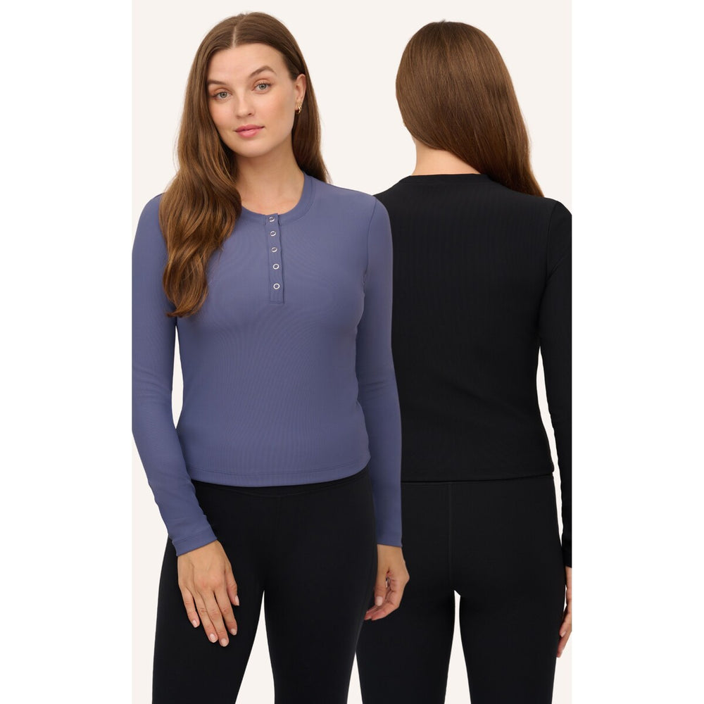 90 Degree By Reflex 2 Pack Ribbed Henley & Ribbed Long Sleeve Crew Neck Top