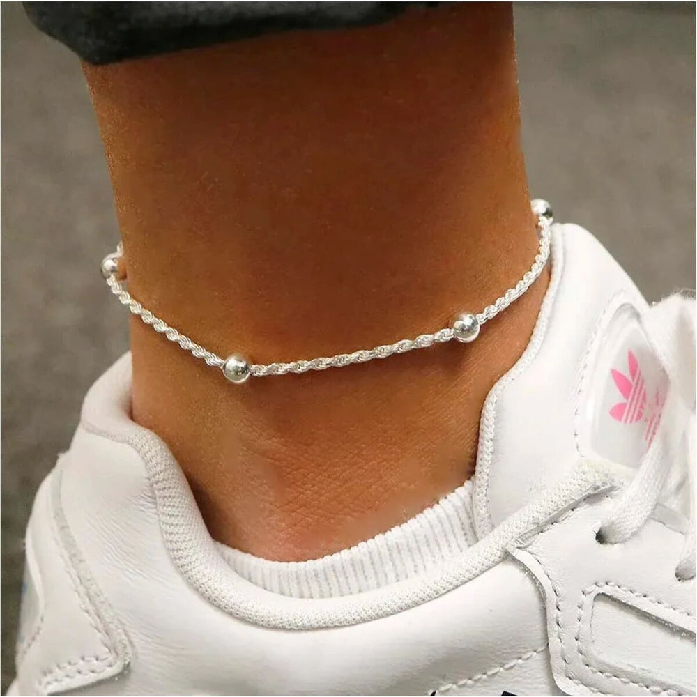 925 Sterling Silver 1.5MM Diamond Cut Rope Bead Anklet 9" or 10"