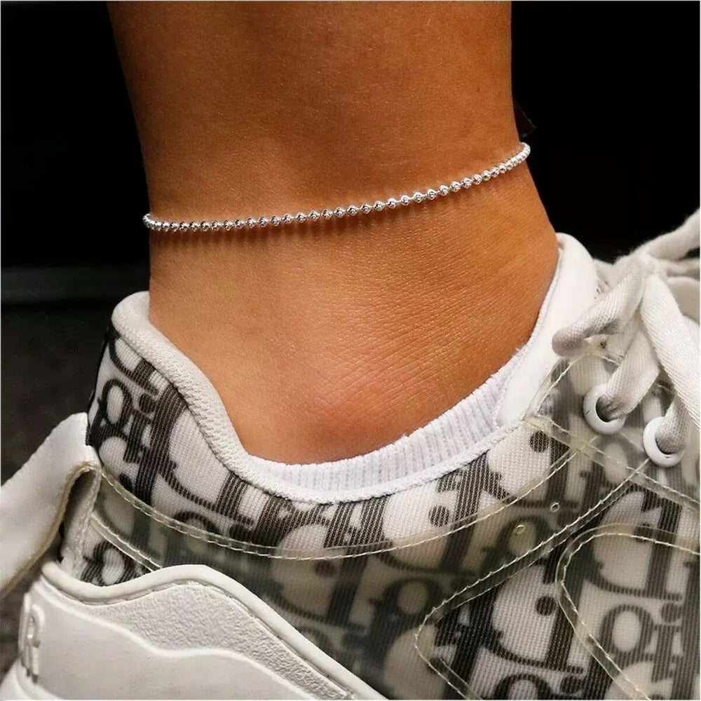 925 Sterling Silver 2MM Diamond Cut Moon Chain Anklet 9" or 10"