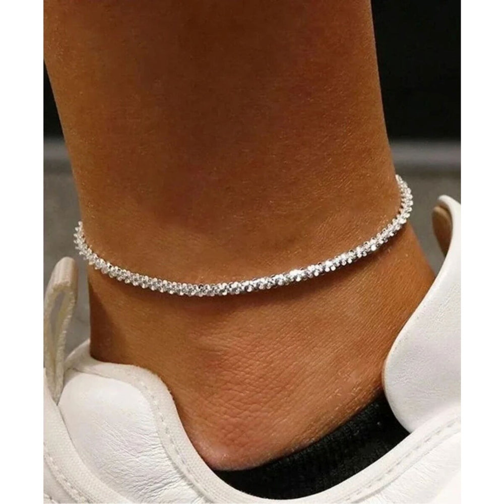 925 Sterling Silver 2MM Diamond Cut Roc Chain Anklet 9" or 10"