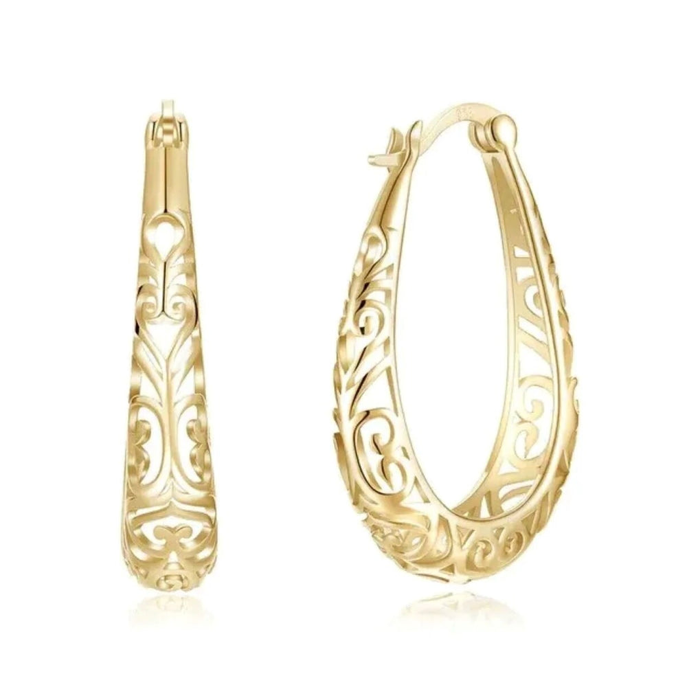 925 Sterling Silver 30mm Gold Oval Filigree Hoop Earrings