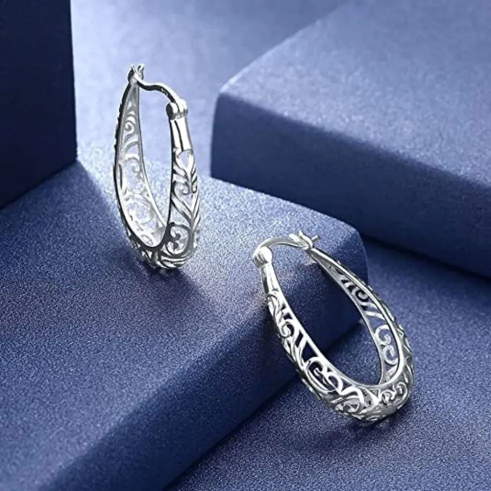 925 Sterling Silver 30mm Oval Filigree Hoop Earrings