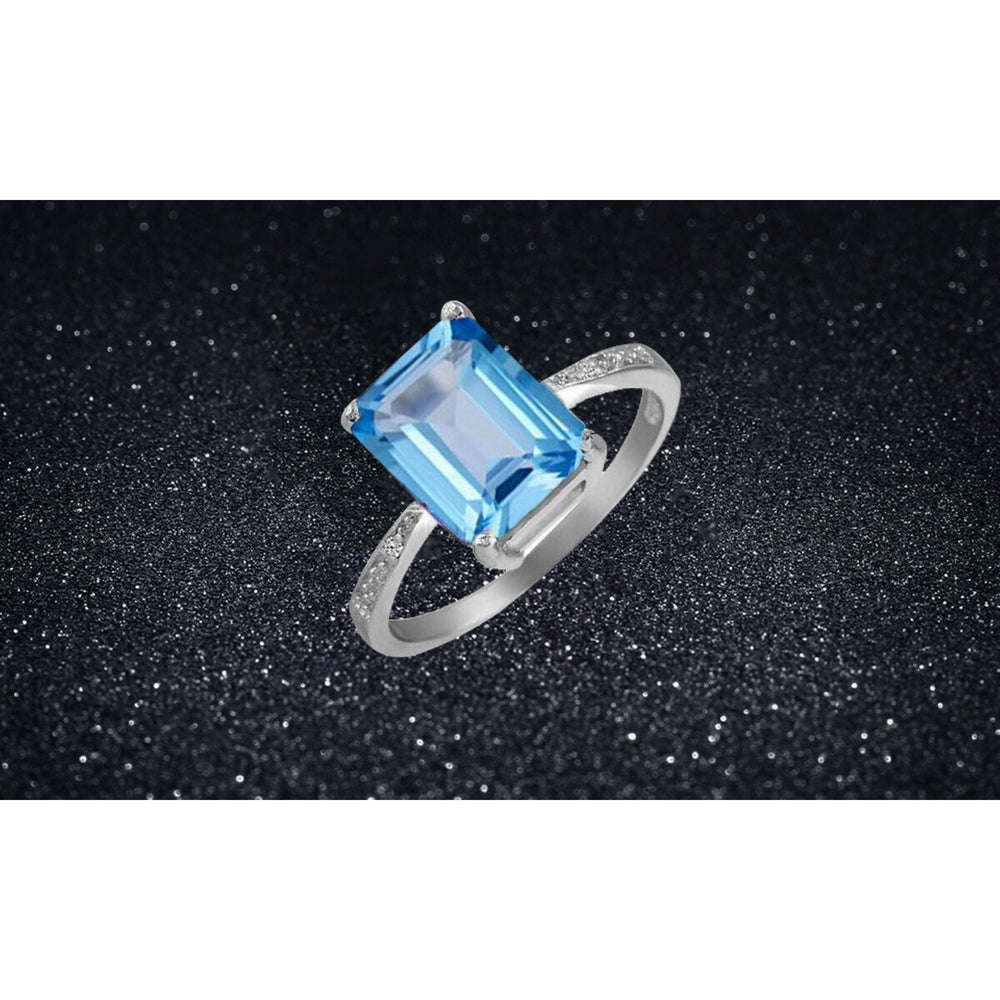 925 Sterling Silver 4.00 CTTW Emerald Cut Blue Topaz Ring Band Sizes 5-9 - Blue Topaz