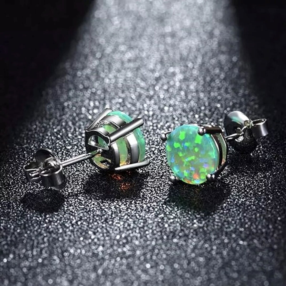 925 Sterling Silver 6MM Round Cut Green Fire Opal Stud Earrings - Green Opal