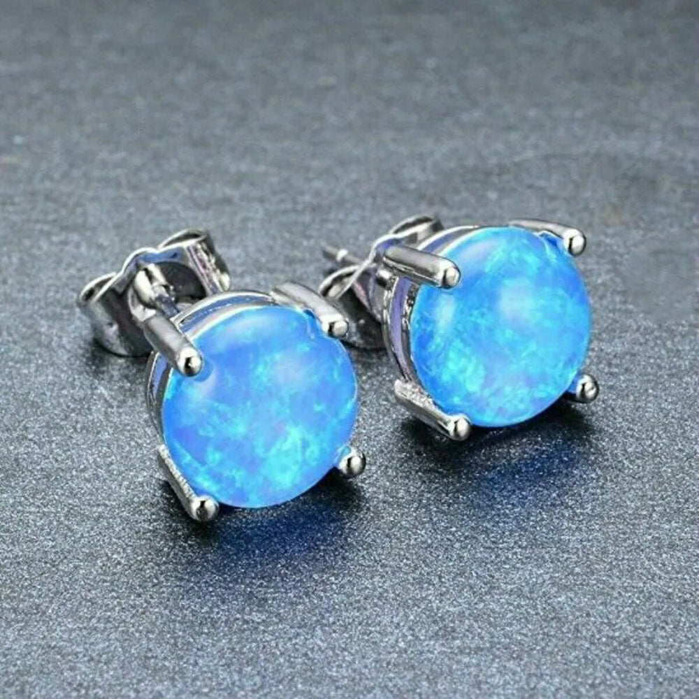 925 Sterling Silver 6mm Round Blue Fire Opal Stud Earrings - Blue Opal