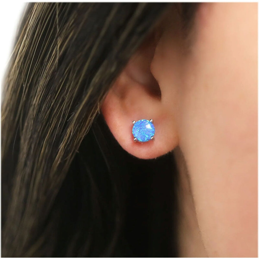 925 Sterling Silver 6mm Round Blue Fire Opal Stud Earrings - Blue Opal