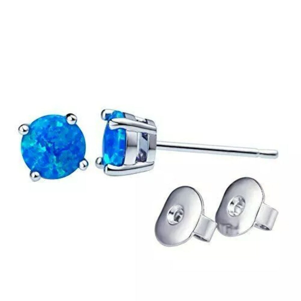 925 Sterling Silver 6mm Round Blue Fire Opal Stud Earrings - Blue Opal