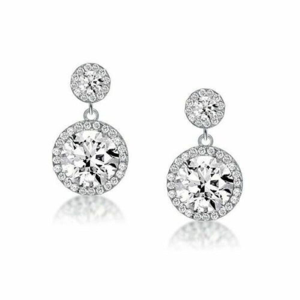 925 Sterling Silver CZ Round Cut Double Halo Drop Stud Earrings