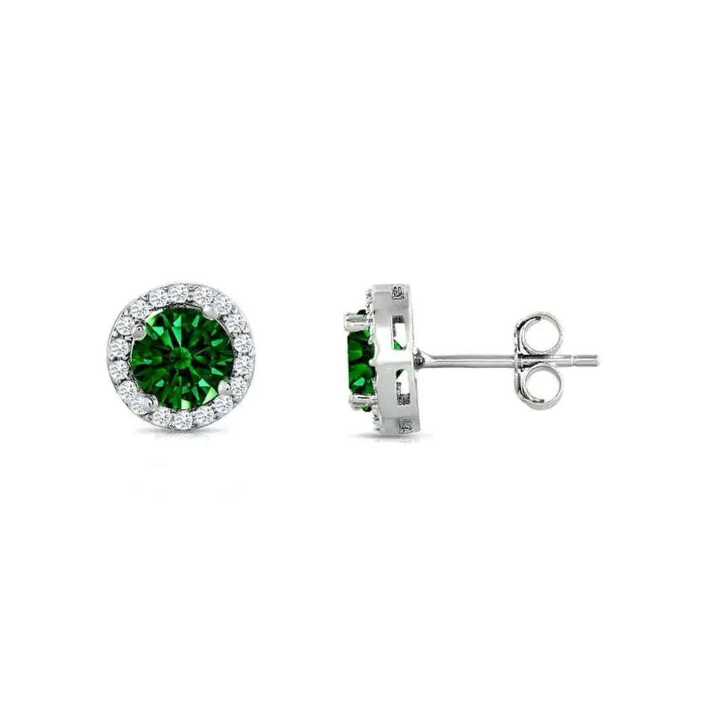 925 Sterling Silver Halo Round Cut Emerald Stud Earrings