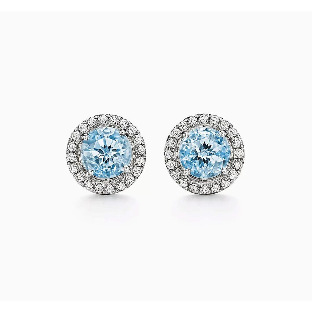 925 Sterling Silver Halo Round Cut Light Blue Stud Earrings - Blue Topaz