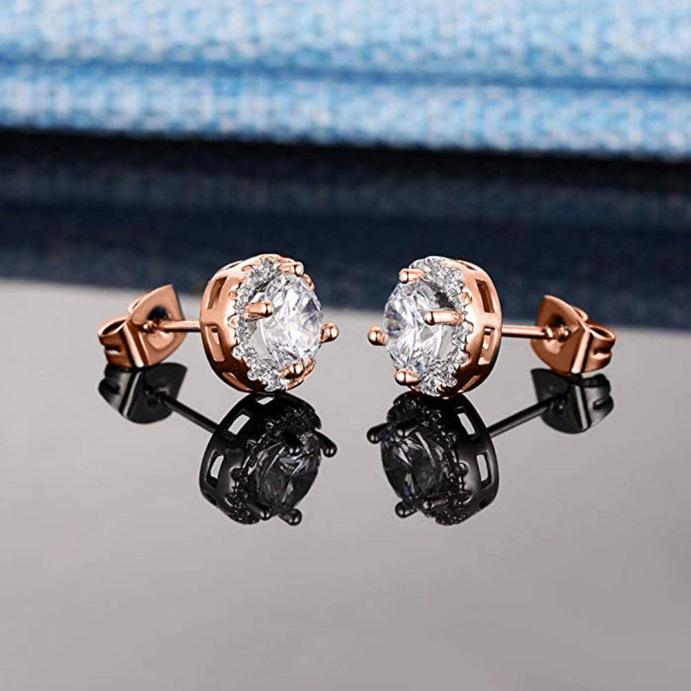 925 Sterling Silver Halo Round Cut Rose Gold Stud Earrings - Rose Gold