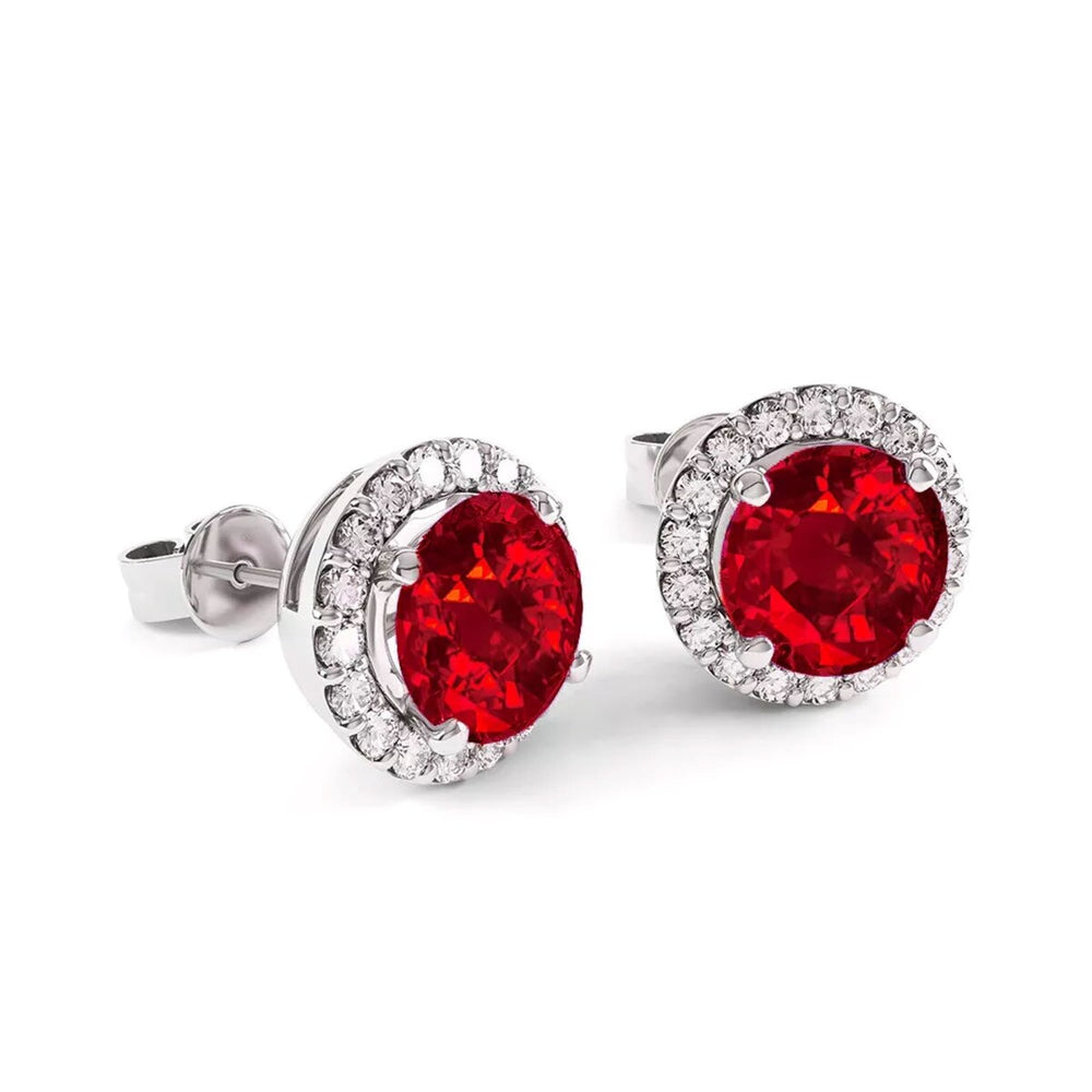 925 Sterling Silver Halo Round Cut Ruby Stud Earrings