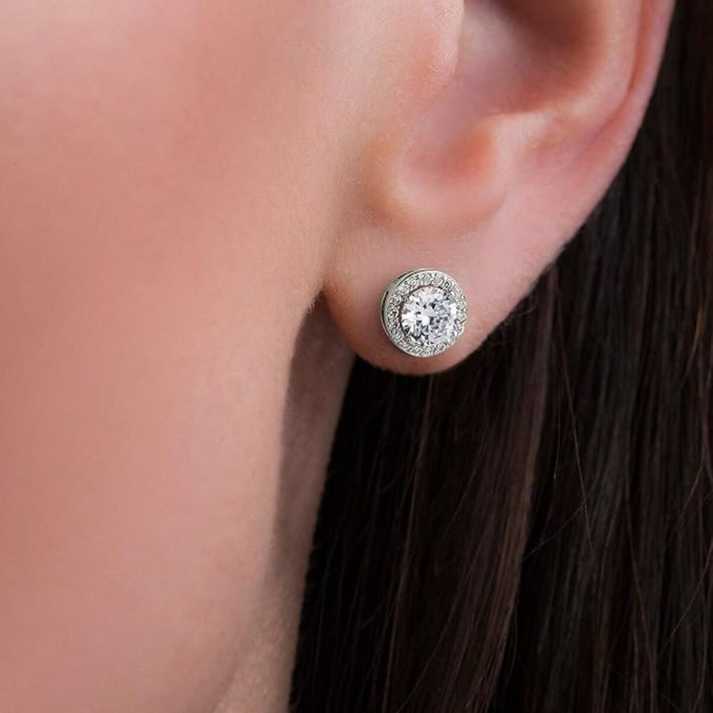 925 Sterling Silver Halo Round Cut White Stud Earrings