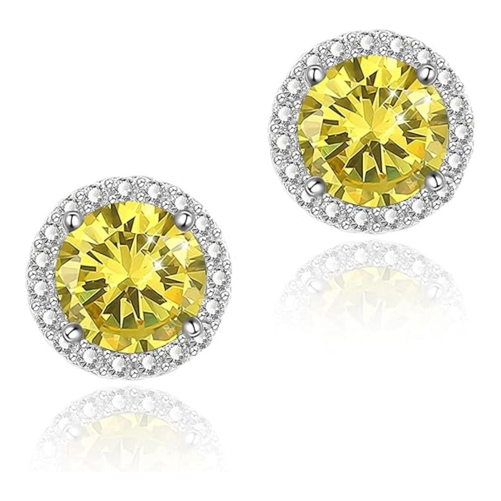 925 Sterling Silver Halo Round Cut Yellow Stud Earrings