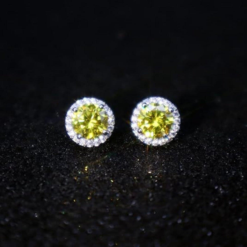 925 Sterling Silver Halo Round Cut Yellow Stud Earrings