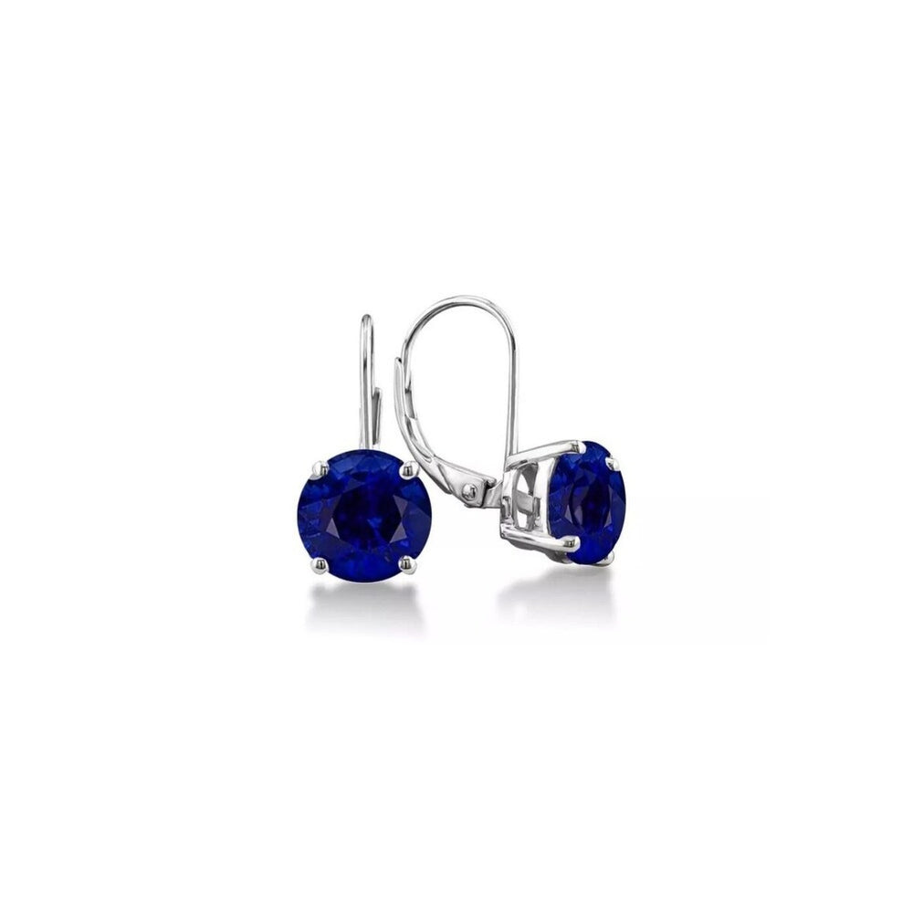 925 Sterling Silver Leverback Round Cut Sapphire Drop Earrings