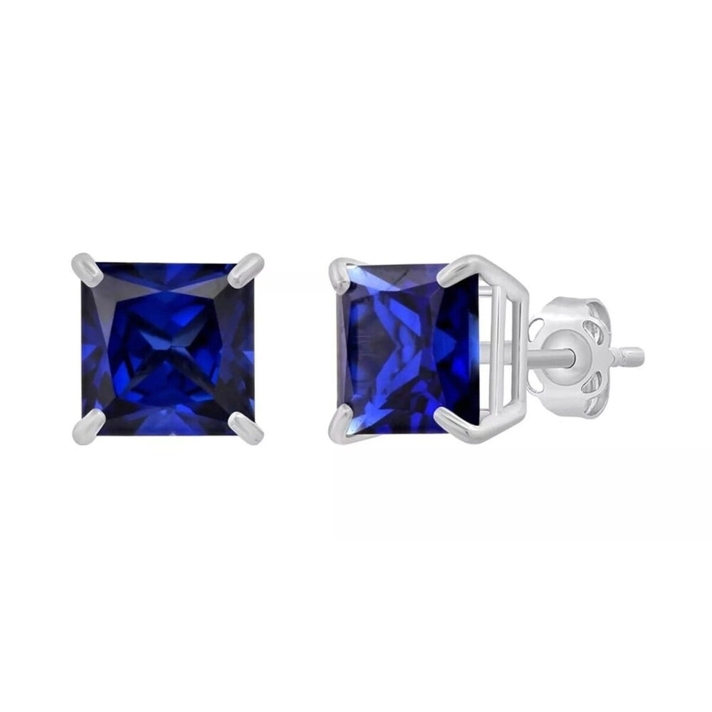 925 Sterling Silver Princess Cut Sapphire Stud Earrings