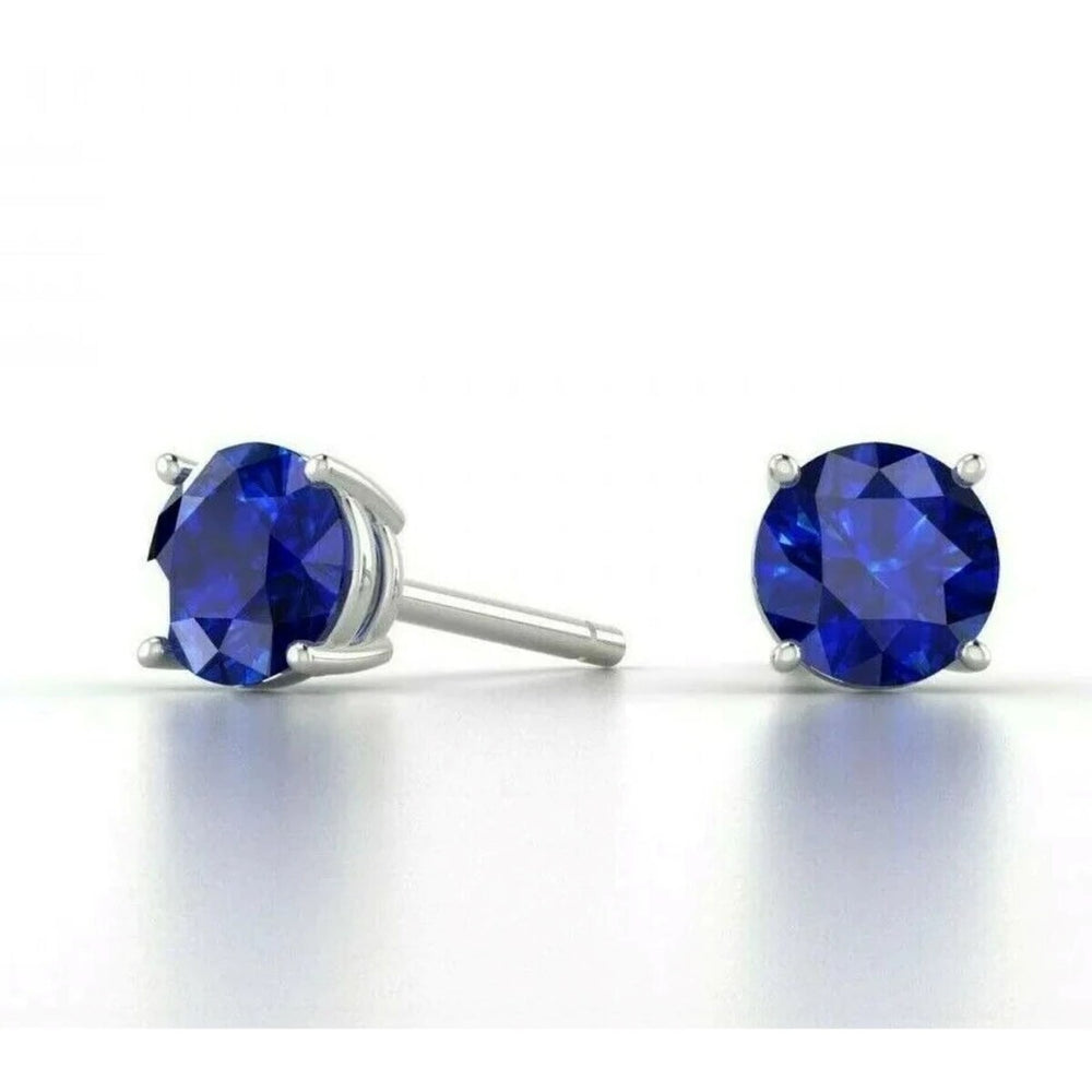 925 Sterling Silver Round Cut Sapphire Stud Earrings - Blue