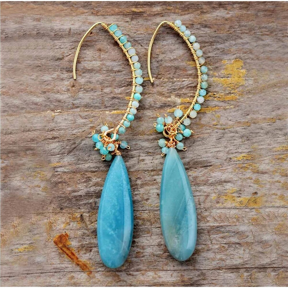 Amazonite & Goldtone Long Teardrop Earrings