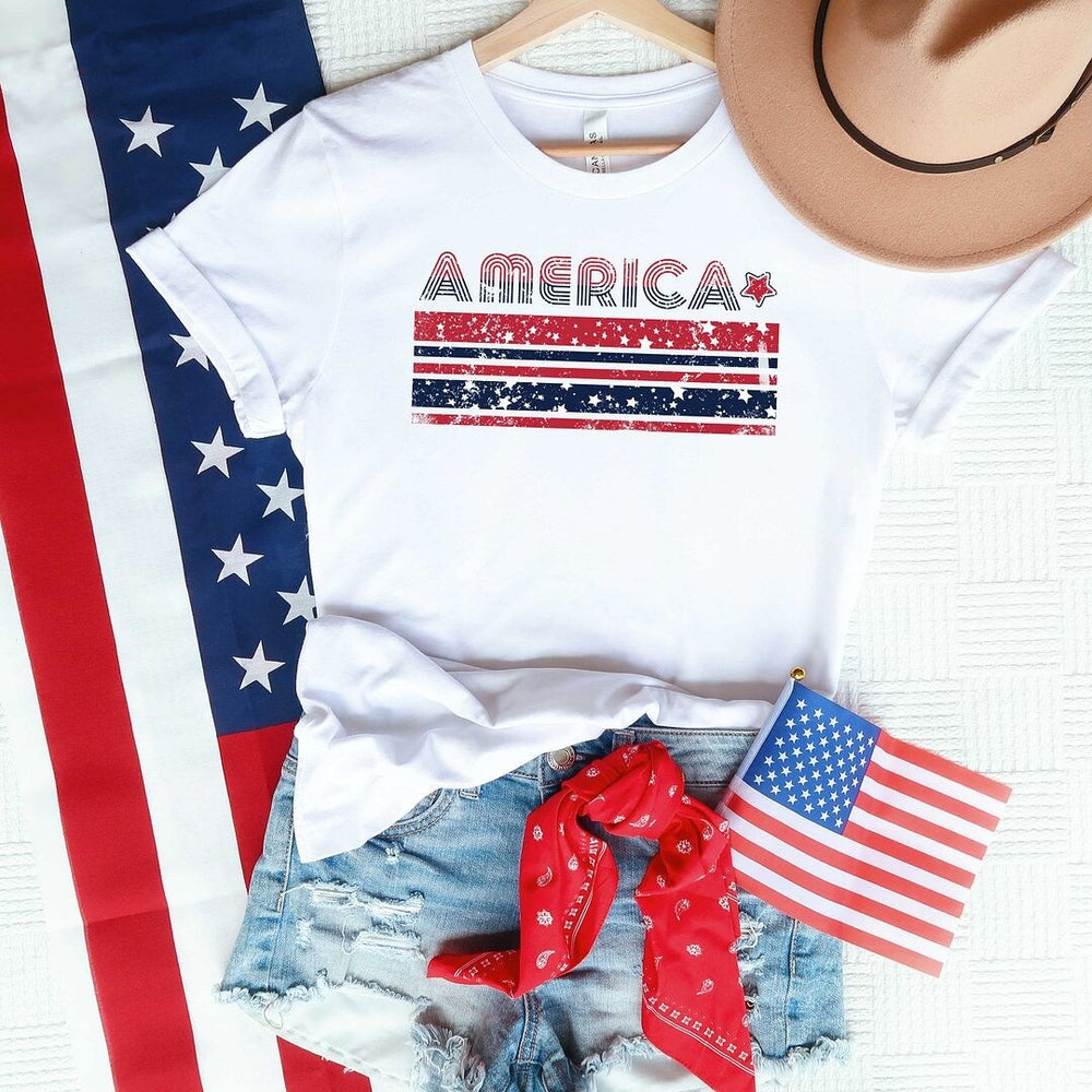 America With Stars And Stripes Short Sleeve Crewnneck Tee