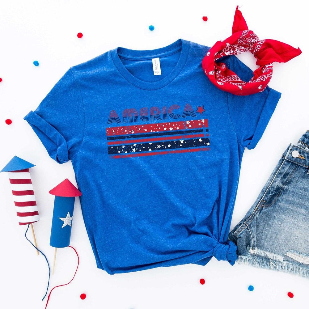 America With Stars And Stripes Short Sleeve Crewnneck Tee