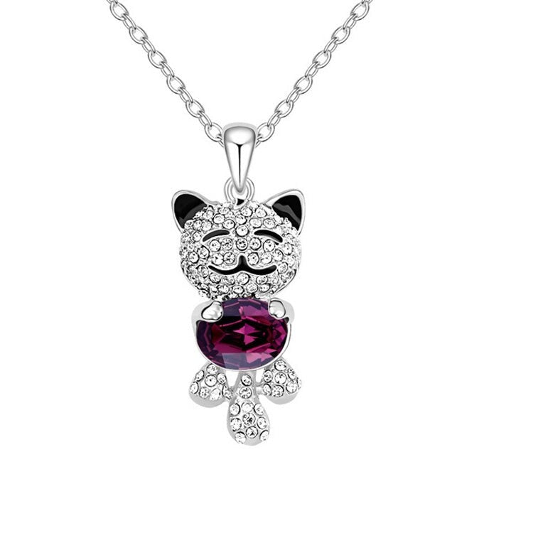 Amethyst And Clear Swarovski Crystal Cat Pendant Necklace - White