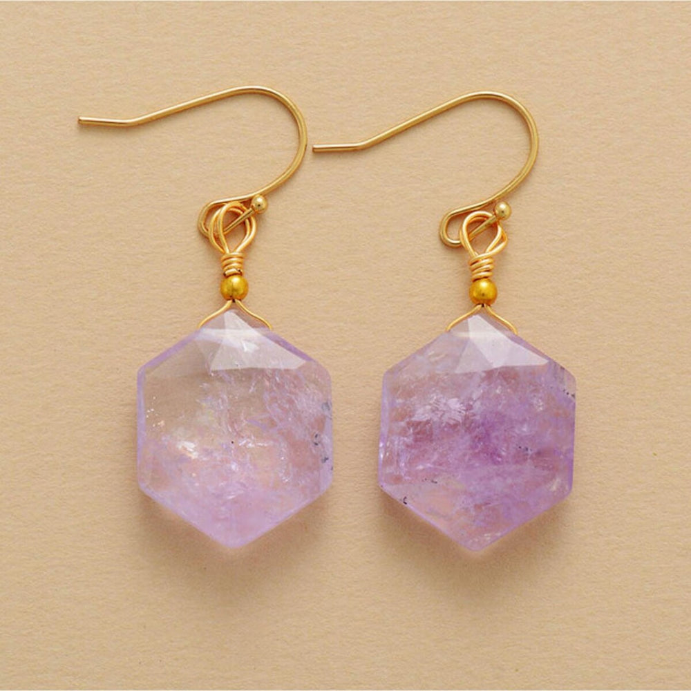 Amethyst & Goldtone Hexagon Drop Earrings