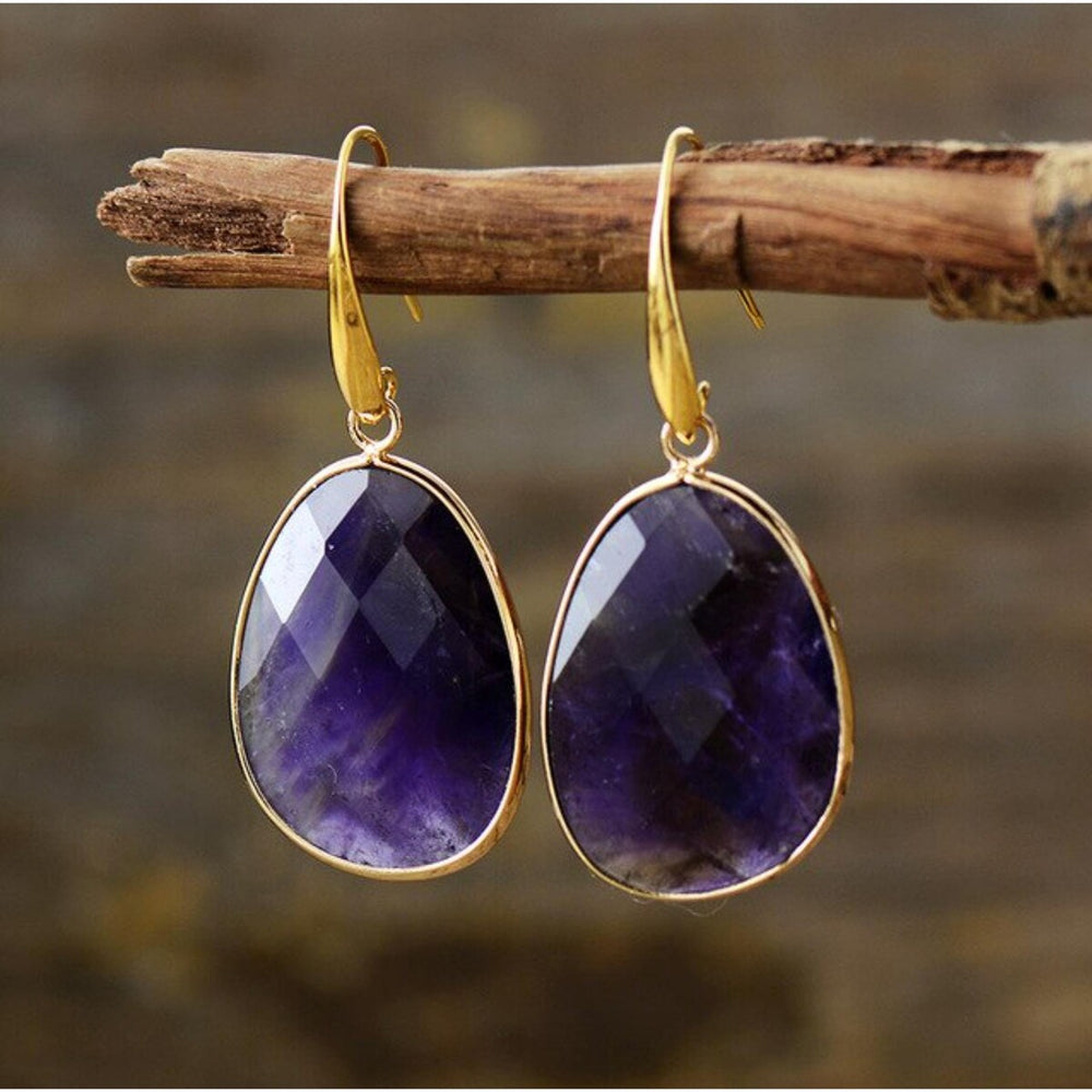 Amethyst & Goldtone Oval Drop Earrings