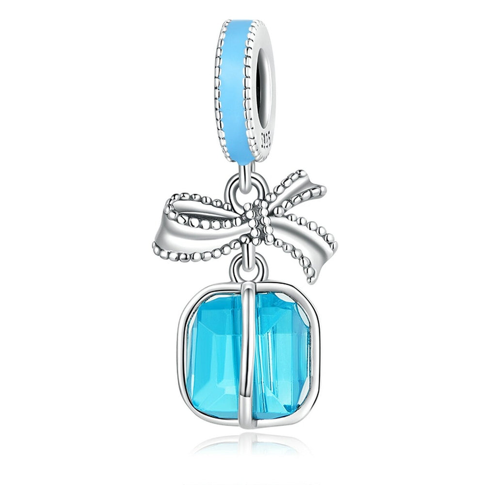 Aqua Blue Cubic Zirconia & Sterling Silver Square & Bow Charm