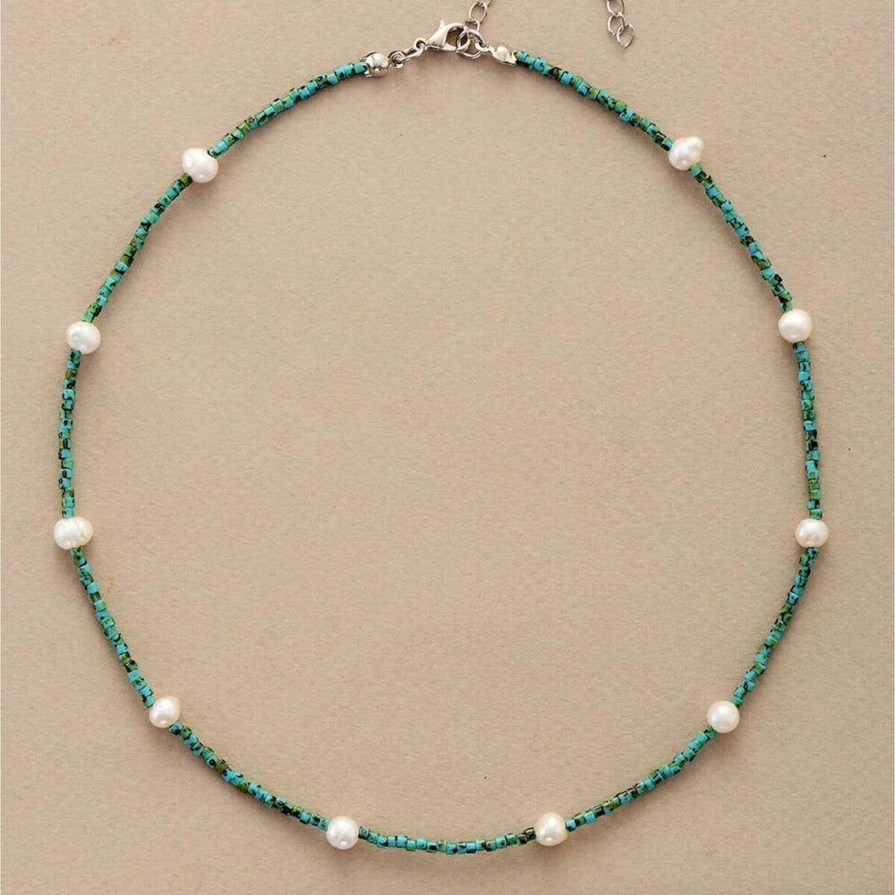 Aqua & Green Seed Bead and Freshwater Pearl Choker Necklace - White