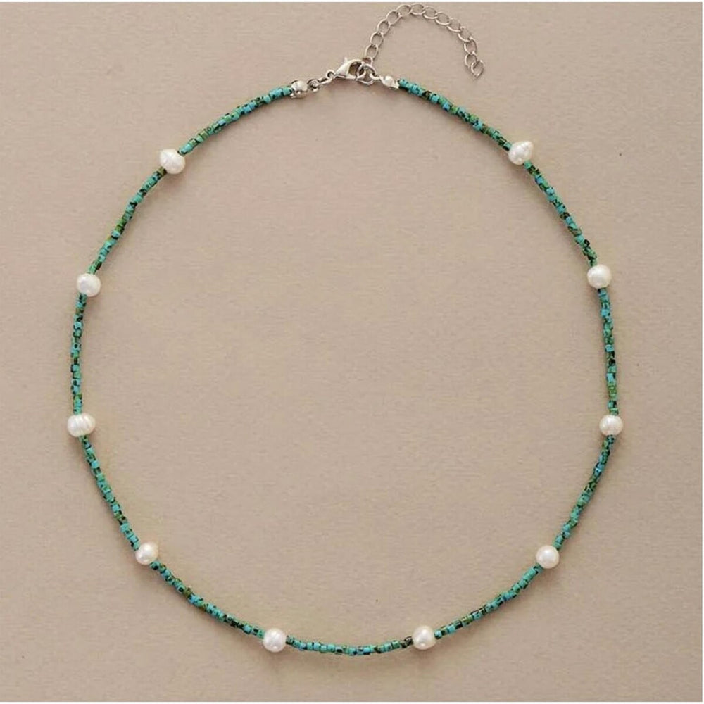 Aqua & Green Seed Bead and Freshwater Pearl Choker Necklace - White