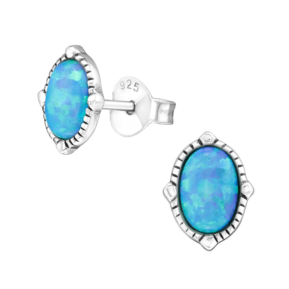 Aqua & Sterling Silver Bali Oval Stud Earrings