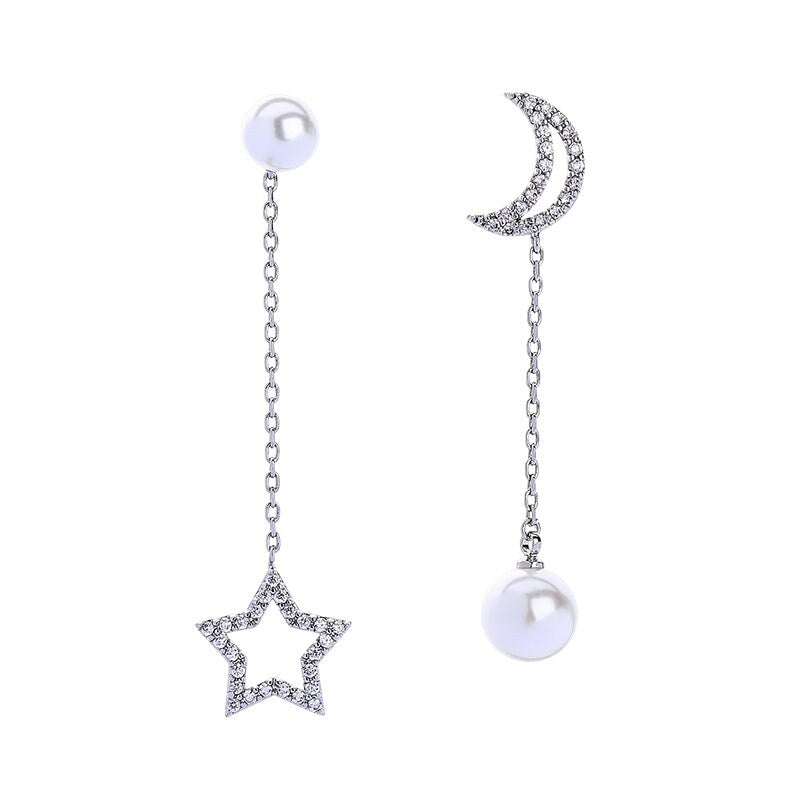 Asymmetrical Moon And Star Drop Earrings With Imitation Pearls