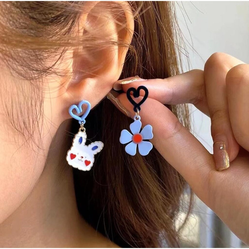 Asymmetrical White Bunny Blue Flower Earrings