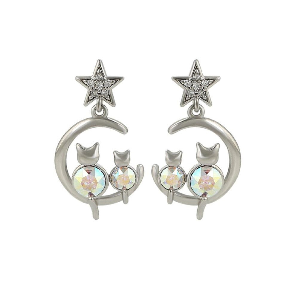 Aurora Borealis Cats On Crescent Moon Swarovski Crystal Earrings - Aurora Borealis