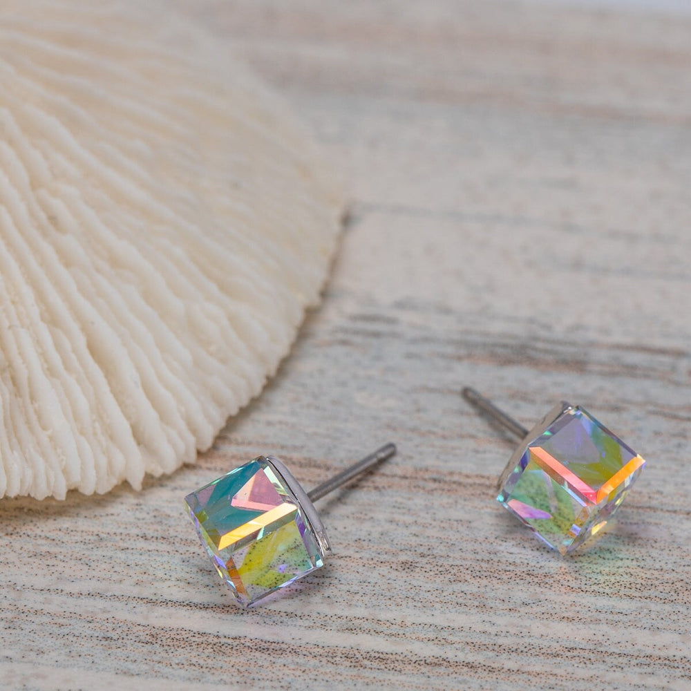 Aurora Borealis Swarovski Crystal Cube Stud Earrings - Aurora Borealis