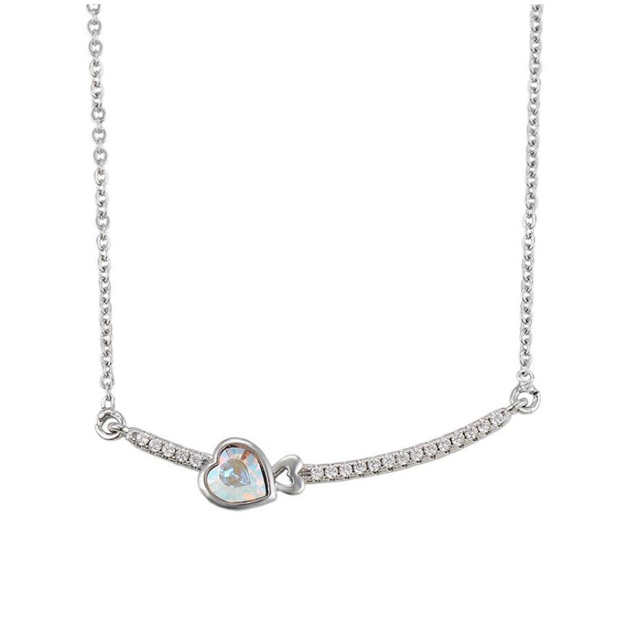 Aurora Borealis Swarovski Crystal Heart Bar Pendant Necklace - White