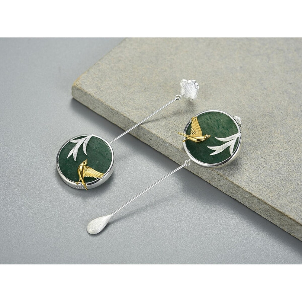 Aventurine & Sterling Silver Bird Branch Circle Drop Earrings