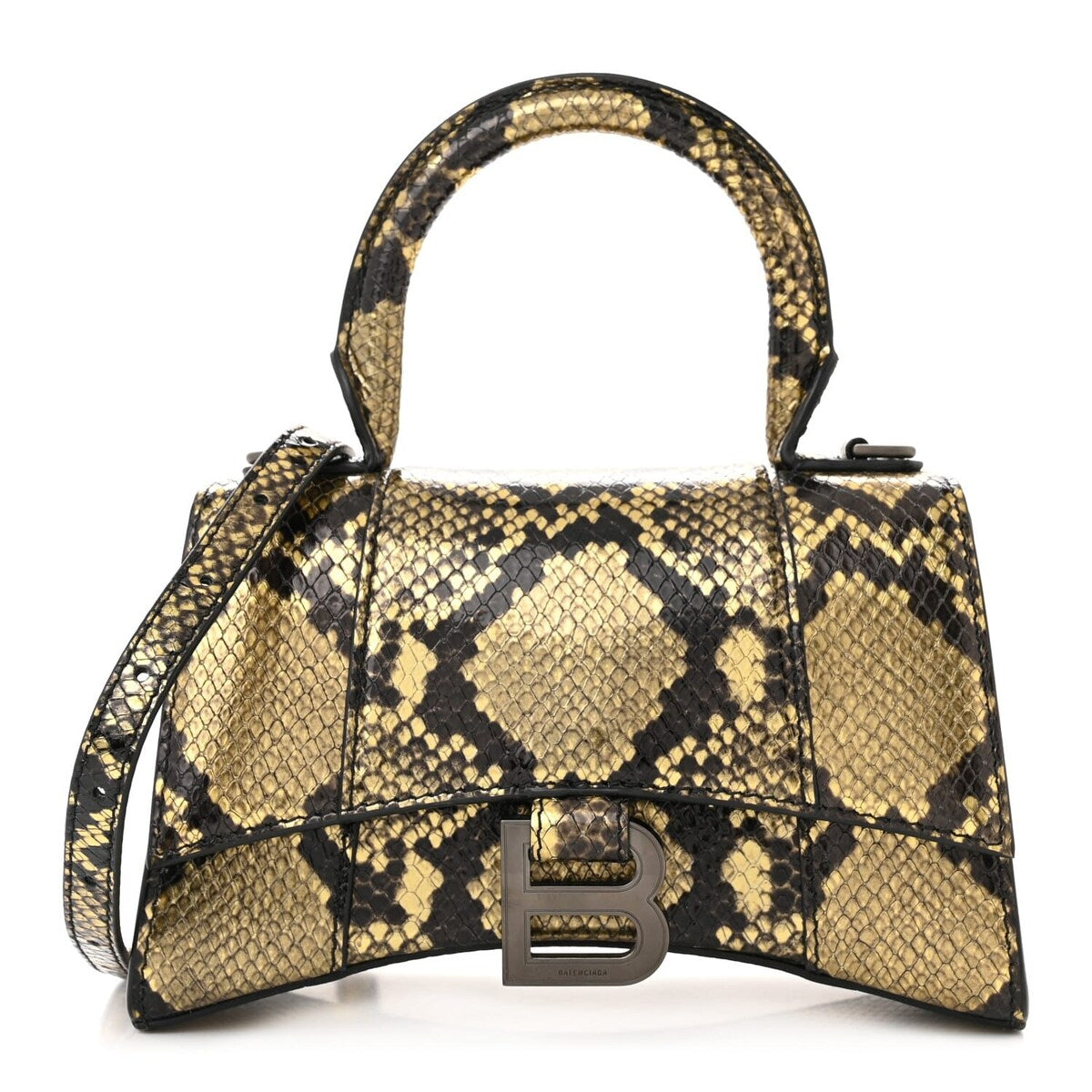 Balenciaga Shiny Calfskin Snakeskin Embossed Hourglass Top Handle Bag